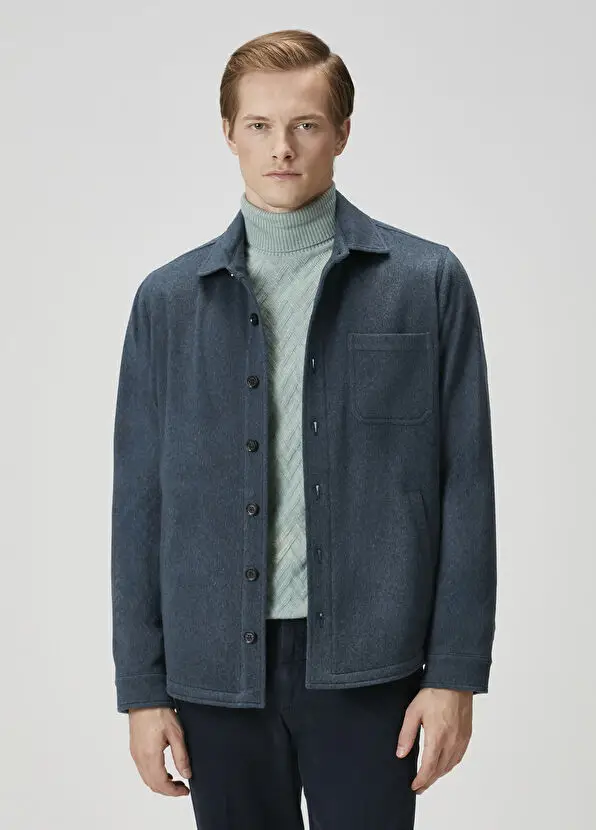 Maurizio Baldassari Koyu Mavi Yün Dış Gömlek